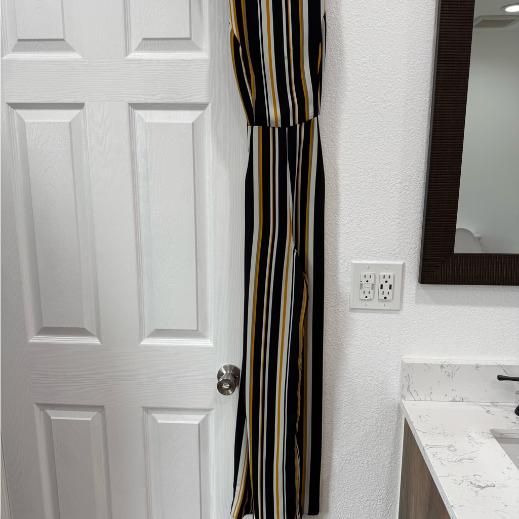 Striped Wide-Leg Jumpsuit In Black, White & Mustard